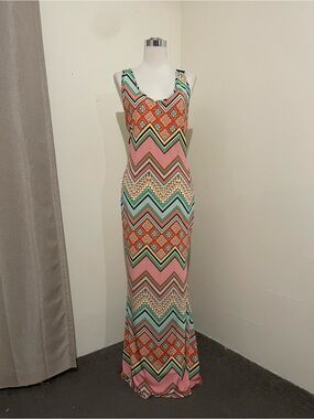 Sleeveless Chevron & Geo Print Maxi Dress in Coral, Mint & Pink